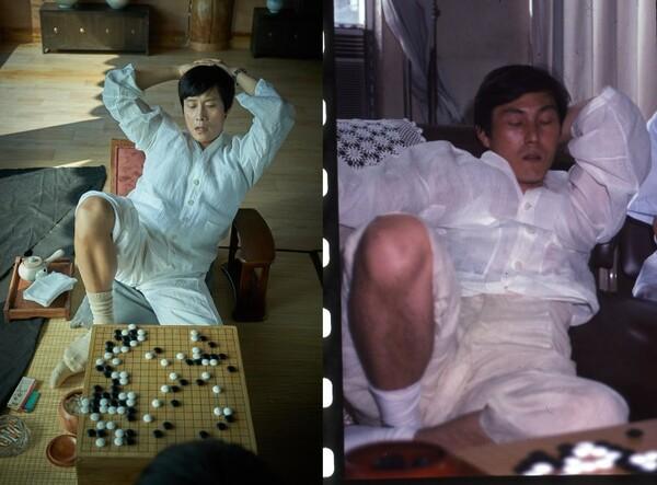 조훈현 국수의 실제 경기 모습(오른쪽)을 반영한 〈승부〉의 장면